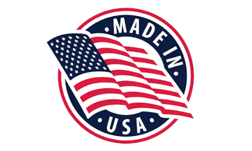 Made in USA badge featuring a waving American flag inside a circular emblem with the words ‘Made in USA’ around it.