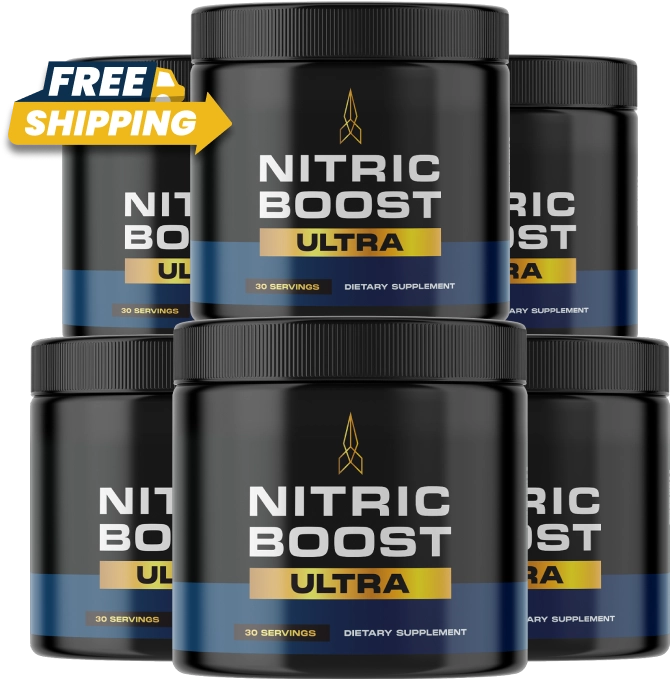 Six jars of Nitric Boost Ultra dietary supplement with a Free Shipping label, promoting circulation, energy, and stamina support.