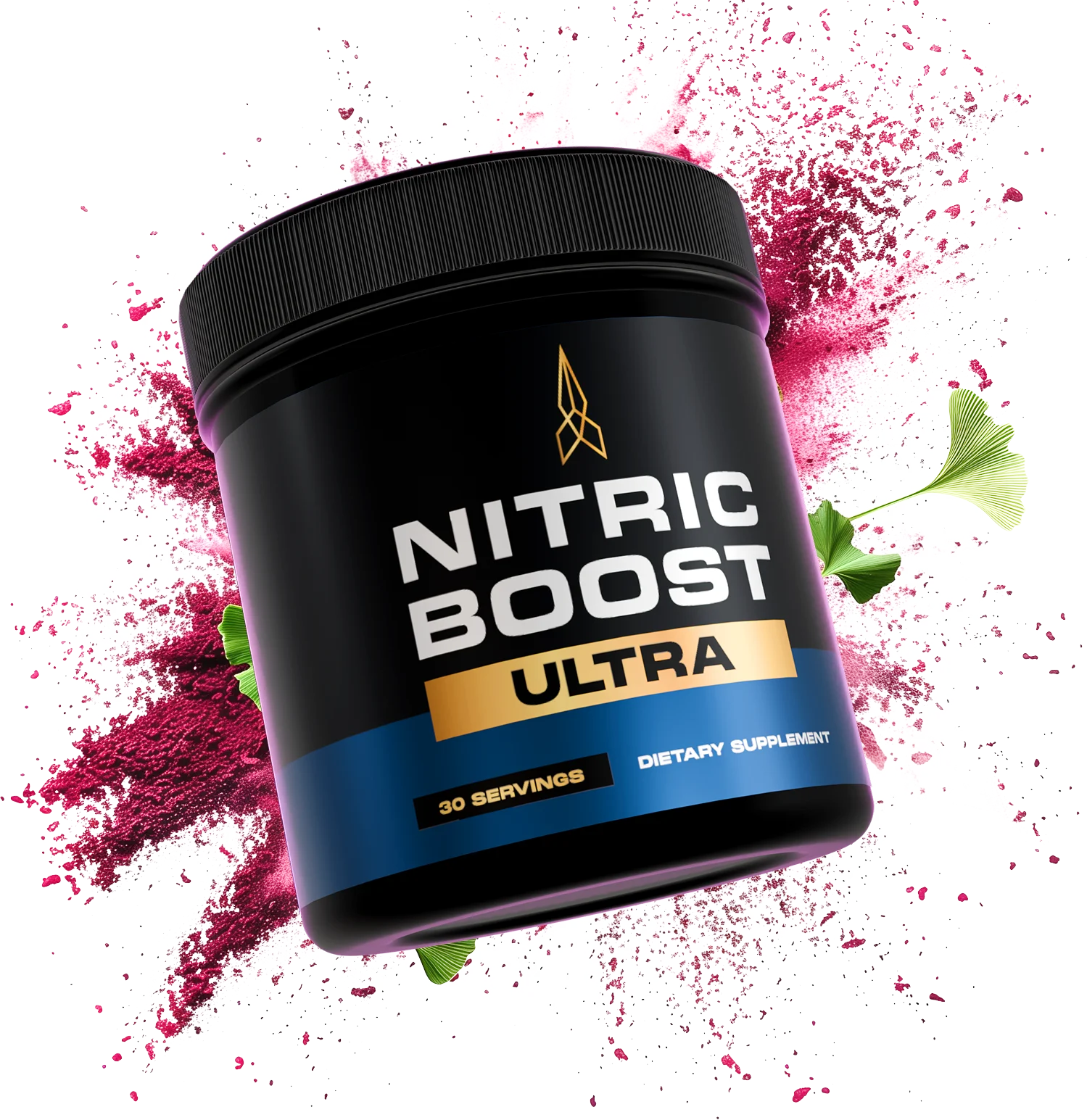 Container of Nitric Boost Ultra dietary supplement with vibrant beet powder and ginkgo leaves in the background, representing natural energy and circulation support.