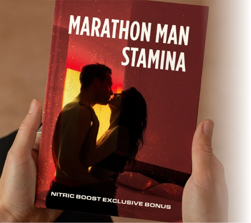 Person holding 'Marathon Man Stamina' book, a Nitric Boost exclusive bonus guide for enhancing male performance and vitality.