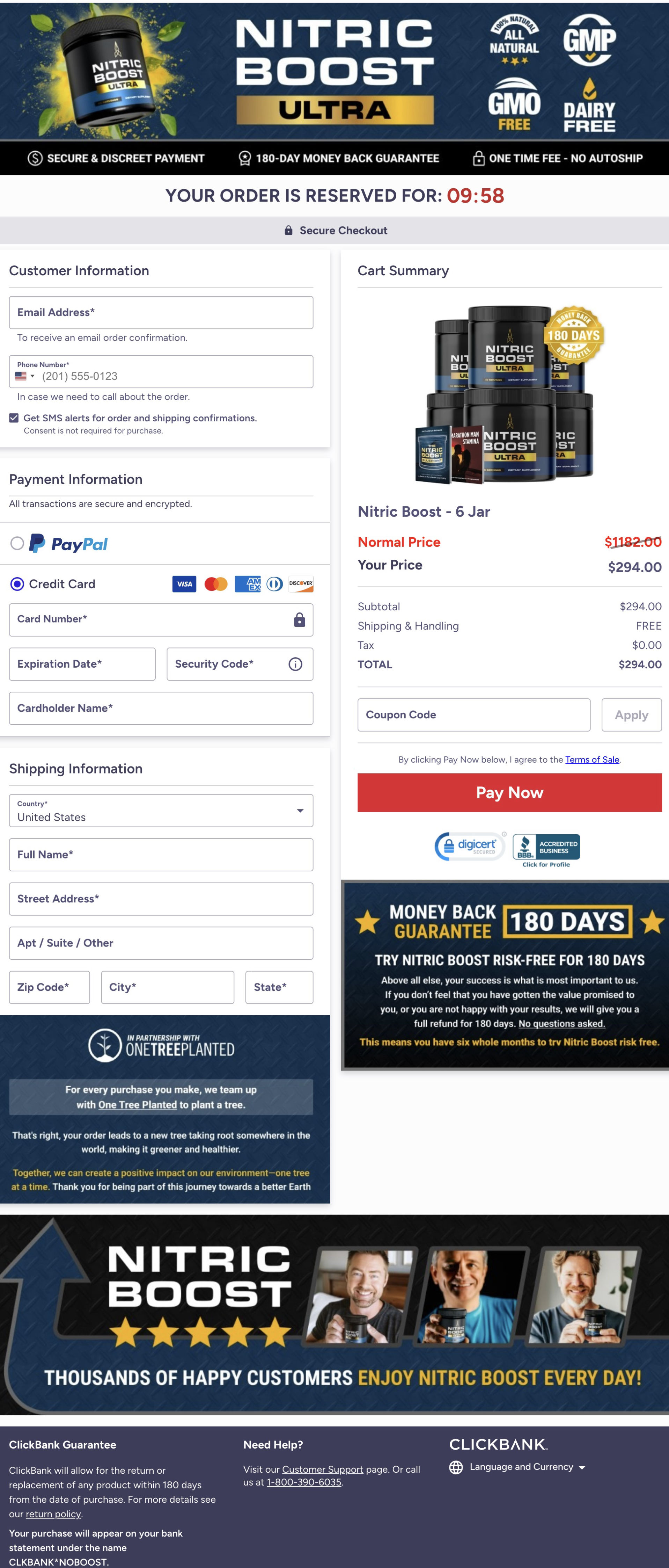 Nitric Boost Ultra secure checkout page showing customer information, payment and shipping form, 6-jar offer for $294 with 180-day money-back guarantee, and testimonials from happy customers.